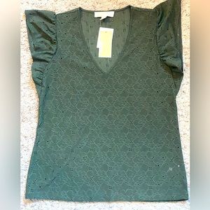 Michael Kors Green eyelet flutter sleeves VNeck Top